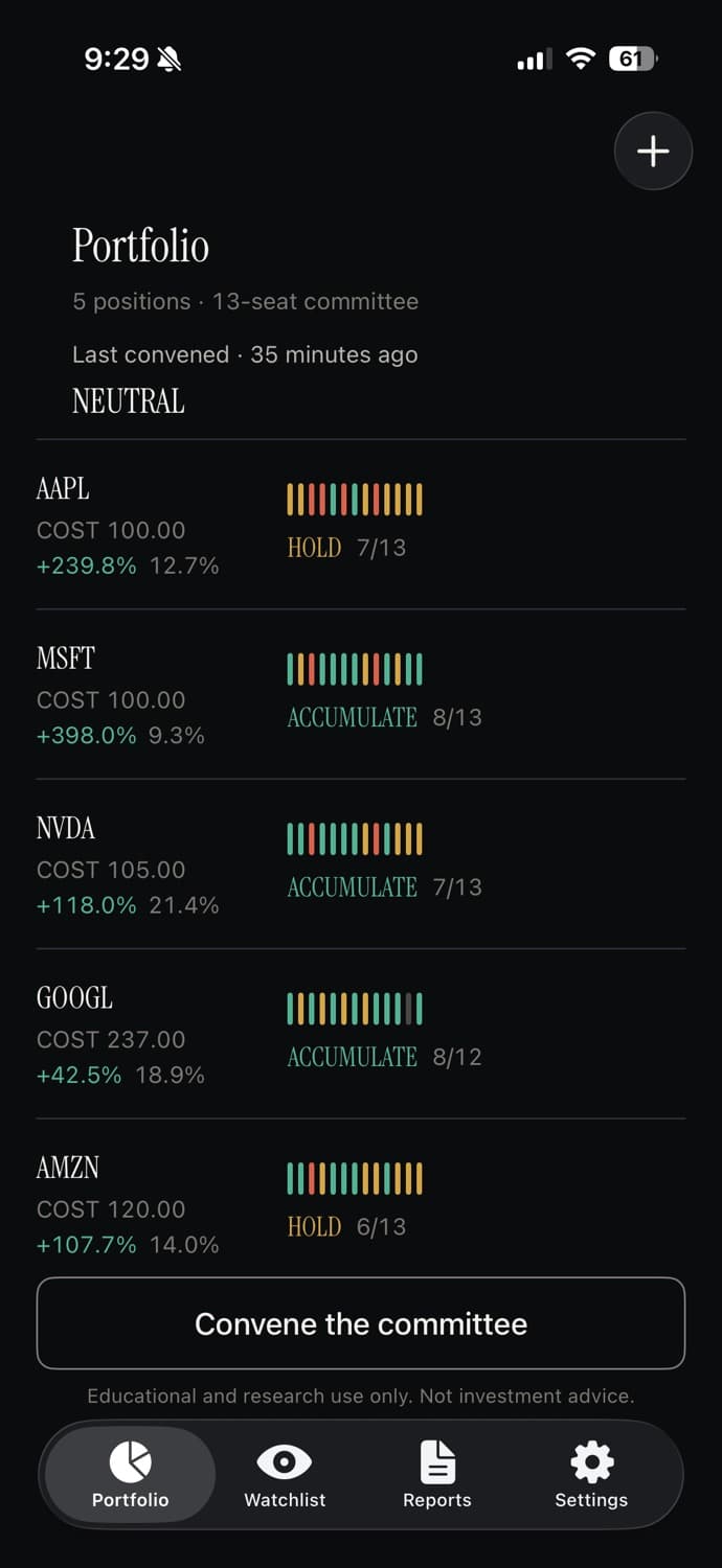 Committee AI portfolio screen listing five positions, each with a tally of the committee's vote.