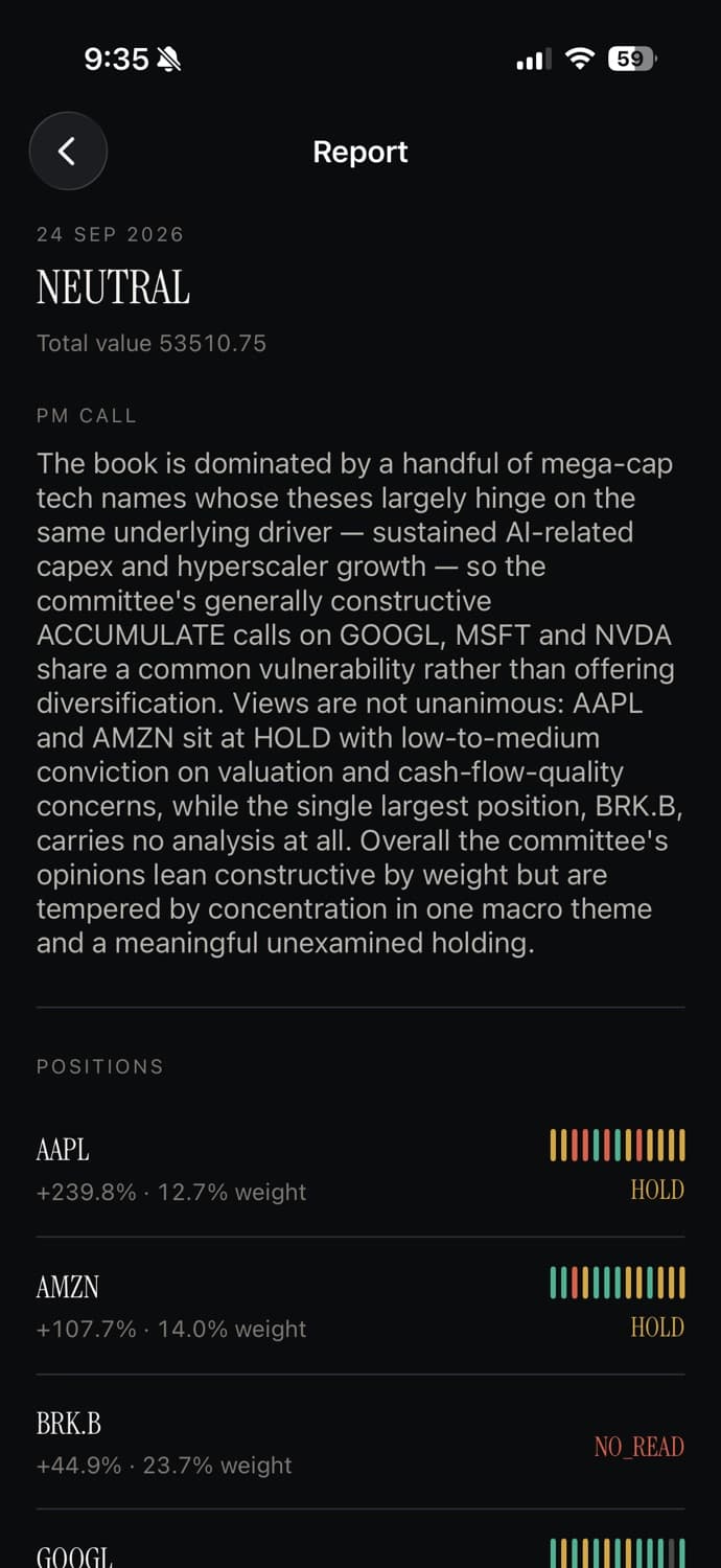 Committee AI portfolio report with the portfolio manager's written call and a verdict per position.