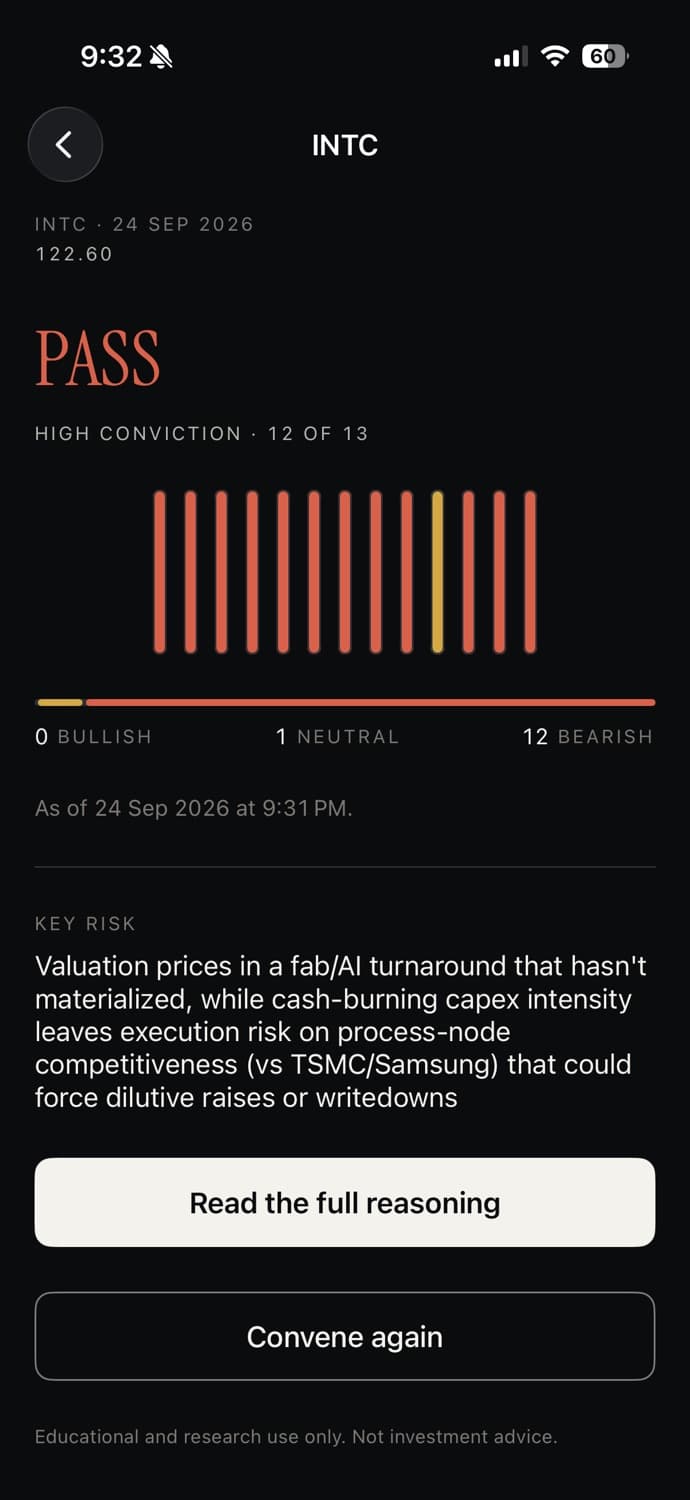 Committee AI verdict screen for INTC: Pass, high conviction, twelve of thirteen bearish, with the key risk.