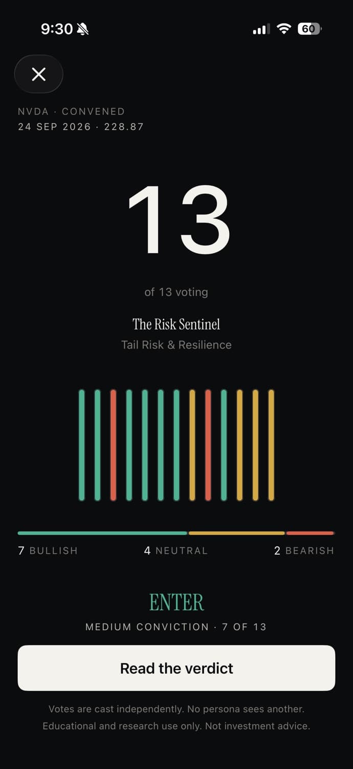 Committee AI vote screen for NVDA: thirteen tally strokes, seven bullish, four neutral, two bearish, verdict Enter.